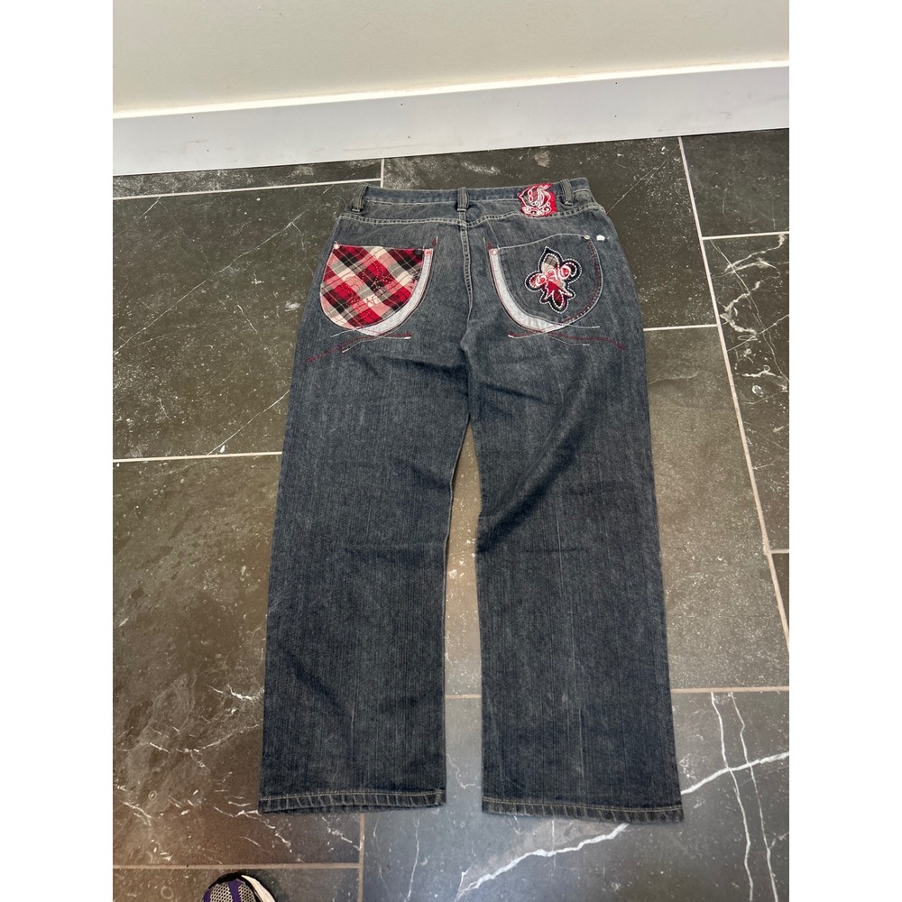 Gao J y2k 2000s coogi baggy Mens Baggy Jeans Dark Wash Plaid Pocket Y2K 36x34